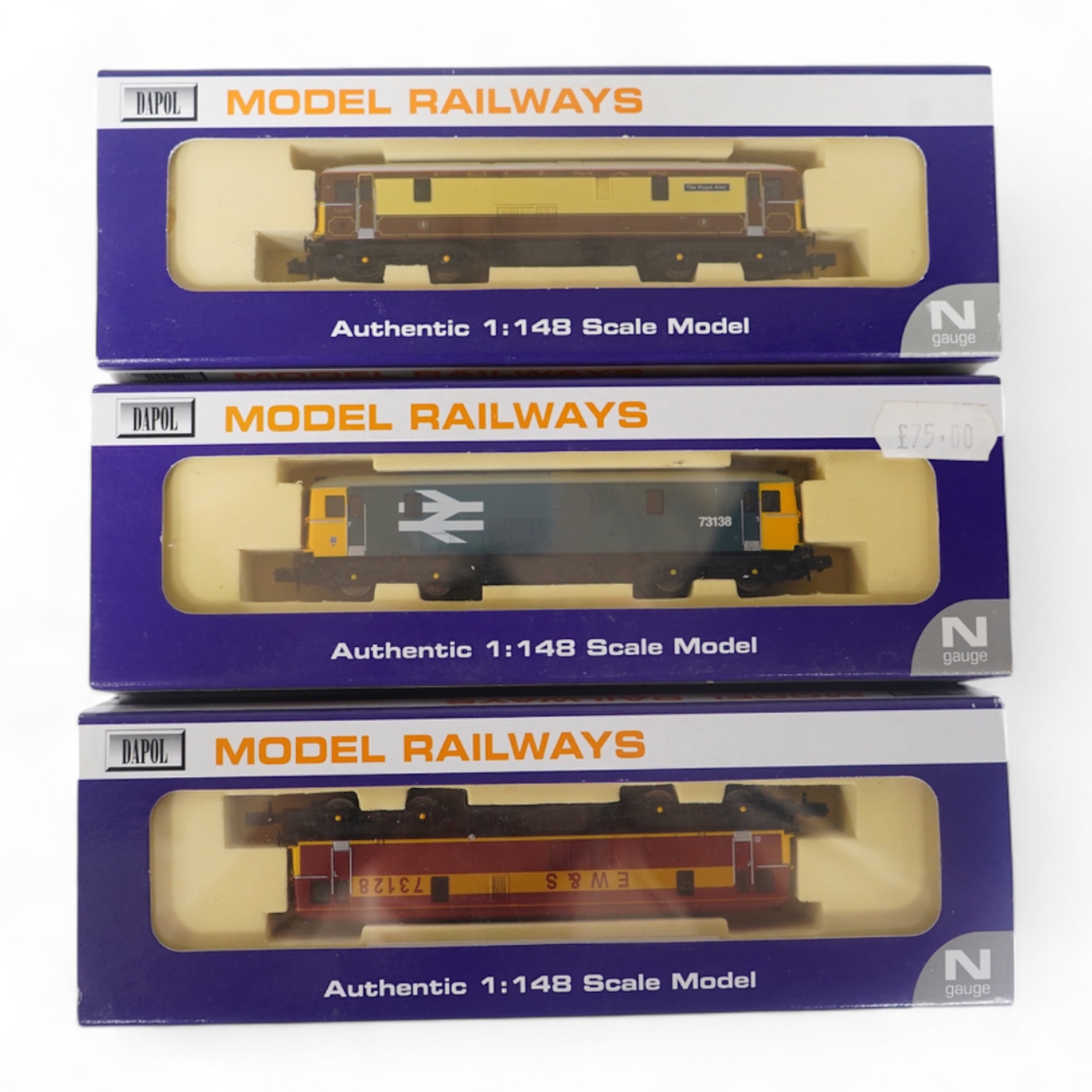 Three boxed Dapol N gauge railway Class 73 electro-diesel locomotives; 73101 The Royal Alex (ND-011b), 73138 (ND008) and 73128 (ND005). Condition - good.